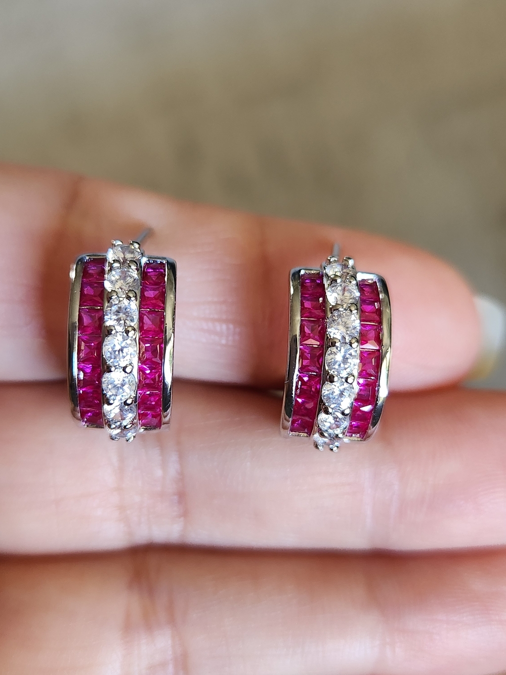New 925 Silver Ruby Diamond Hoop Earrings for Women